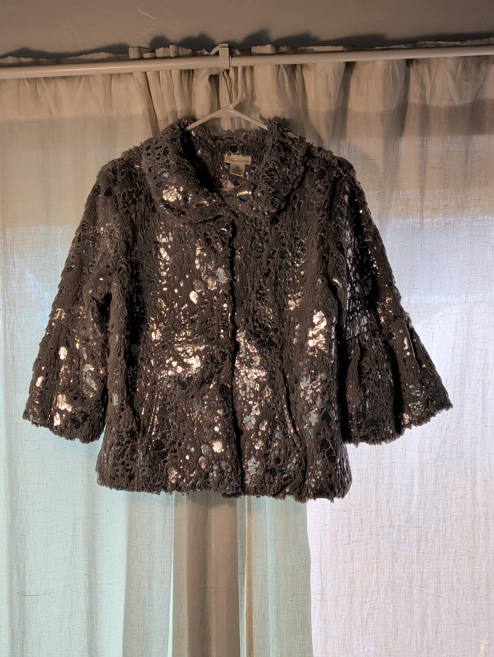 Sequin-Embellished Silver Teddy Jacket with Rounded Collar